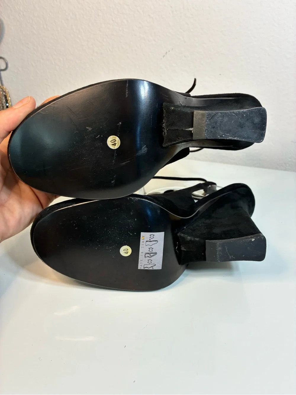 Black Suede Ankle Strap Wedge Peep-Toe Sandals with Floral Appliqués VTG -READ